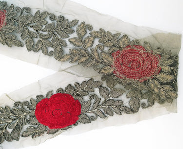 Grey Net Fabric Lace Trim with Floral Embroidery, Lace Trim, Sari Border